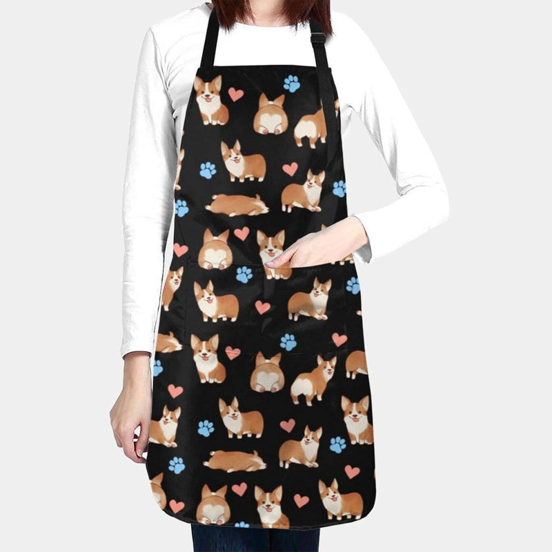 Cute Corgi Dog Apron for Women with Pockets Adjustable Bib Apron Waterproof Home Kitchen Cooking Baking Gardening Apron