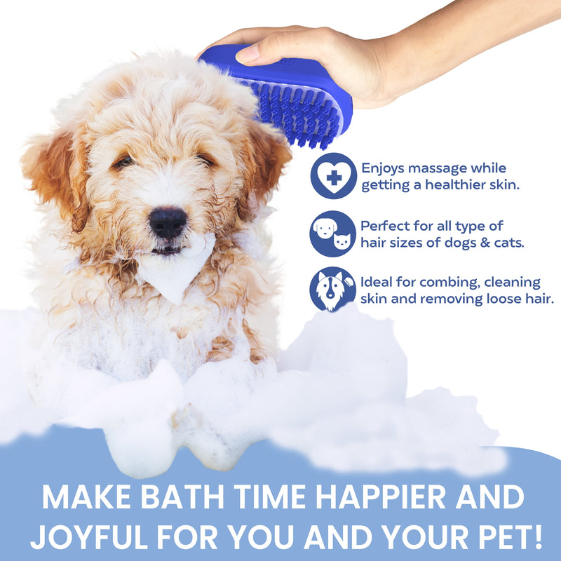 Dog Bath Scrubber Rubber Curry Comb & Pet Grooming Brush with Non-Slip Grip, Blue