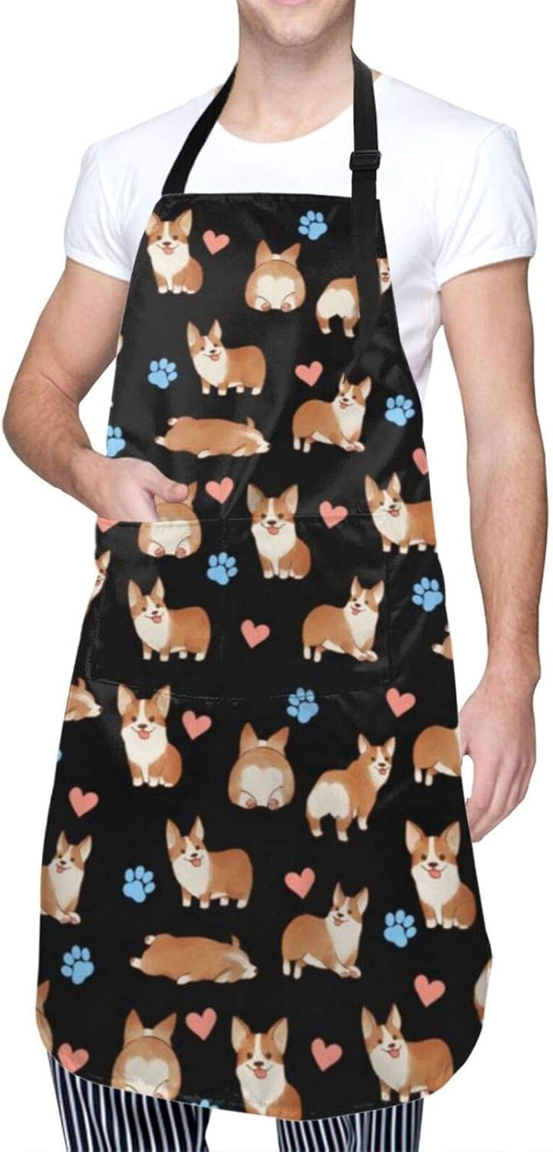 Cute Corgi Dog Apron for Women with Pockets Adjustable Bib Apron Waterproof Home Kitchen Cooking Baking Gardening Apron