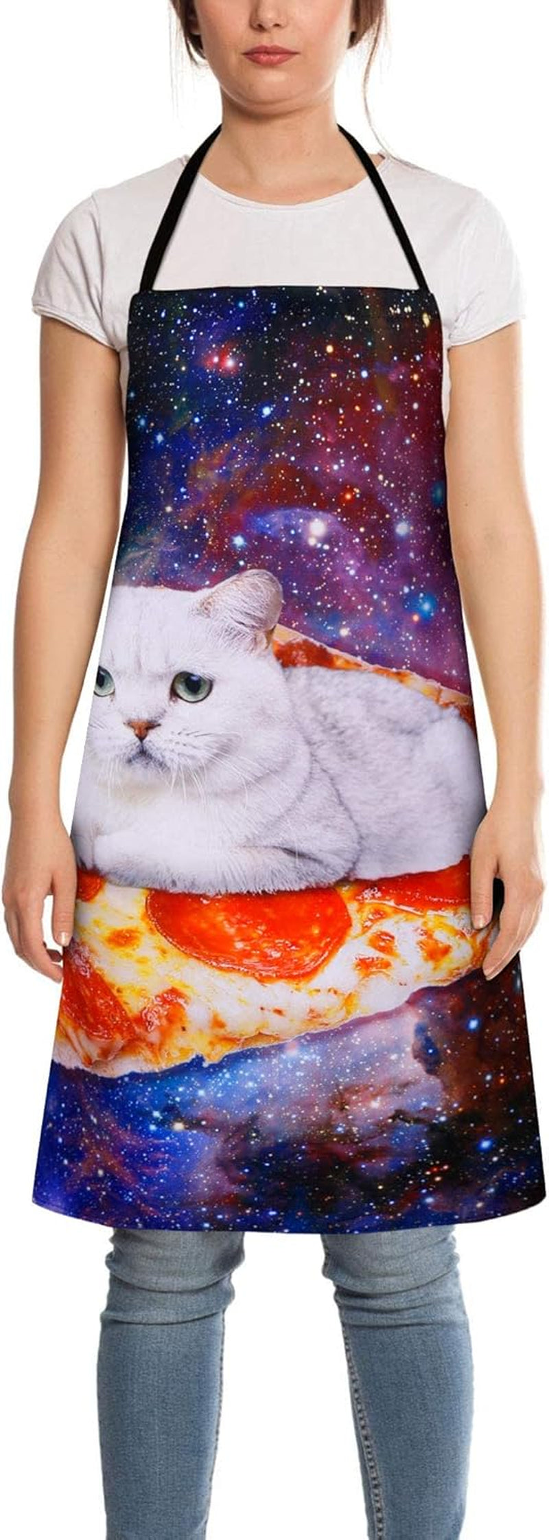 Cat Apron for Women Pizza Apron for Men Funny Apron Kitchen Apron for Cooking Gardening Grilling BBQ Cat Gifts for Men Funny Baking Gifts Novelty Apron Cute Galaxy Space